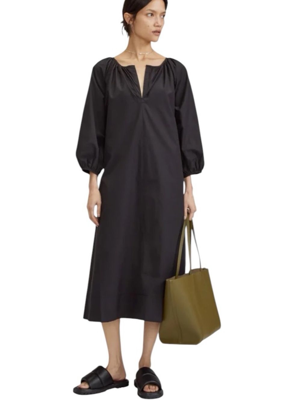 Everlane Raglan Sleeve Poplin Dress, featuring a V-neck and raglan sleeves.